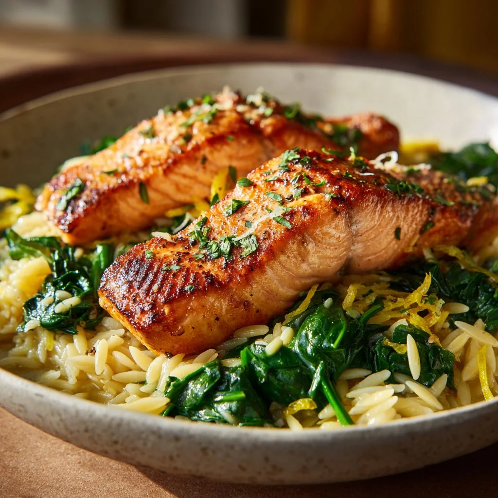 Mediterranean Salmon served with lemon-flavored orzo pasta