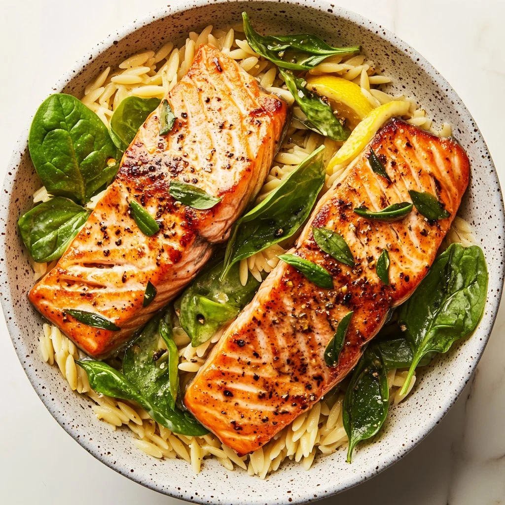 Plate of Mediterranean Salmon with Lemon Orzo garnished with herbs