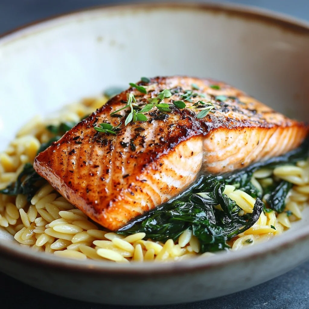 Mediterranean Salmon served with lemon orzo on a plate