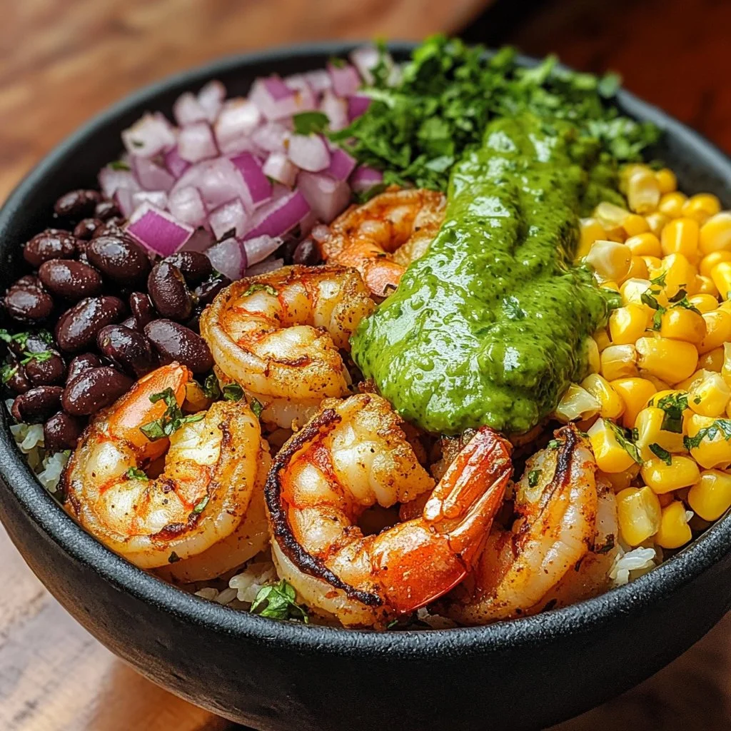 Colorful Mexican shrimp bowl topped with fresh ingredients