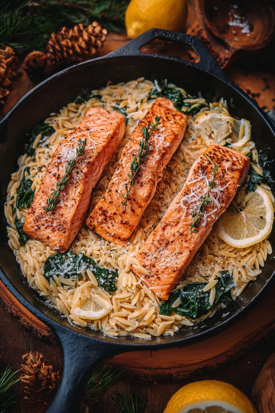 One Skillet Salmon with Lemon Orzo