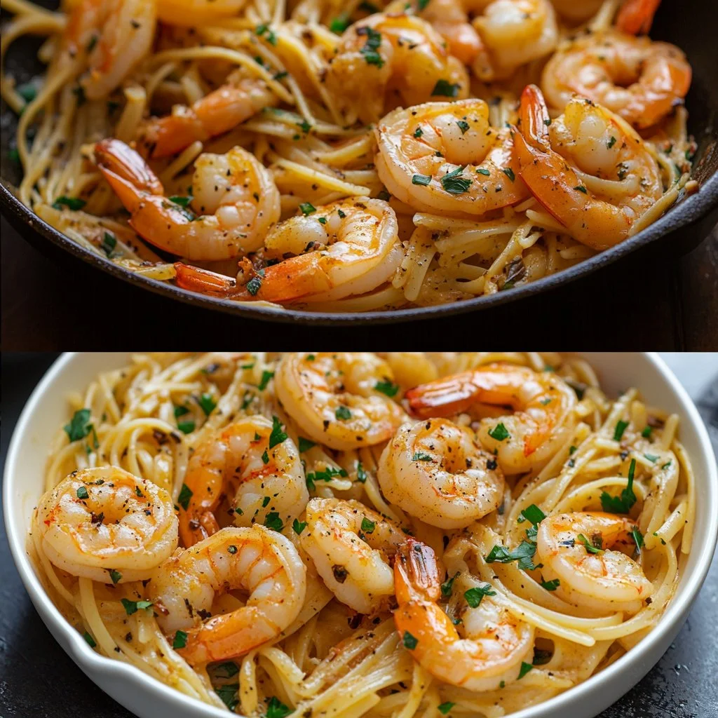 Plate of Old Bay garlic shrimp pasta with herbs and shrimp garnished