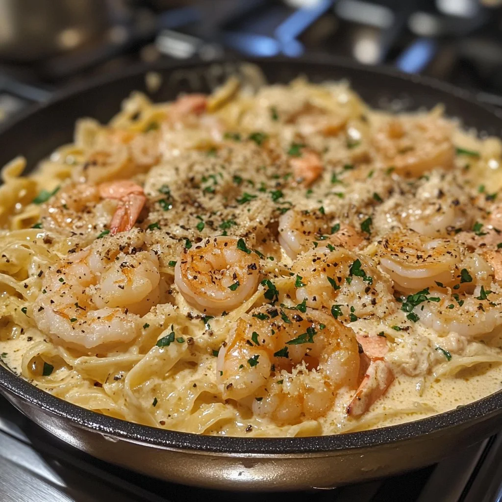 Creamy one-pot shrimp and crab alfredo served in a skillet
