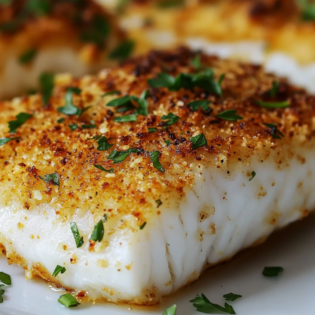 Oven-baked cod topped with garlic herb crumbs served on a plate.