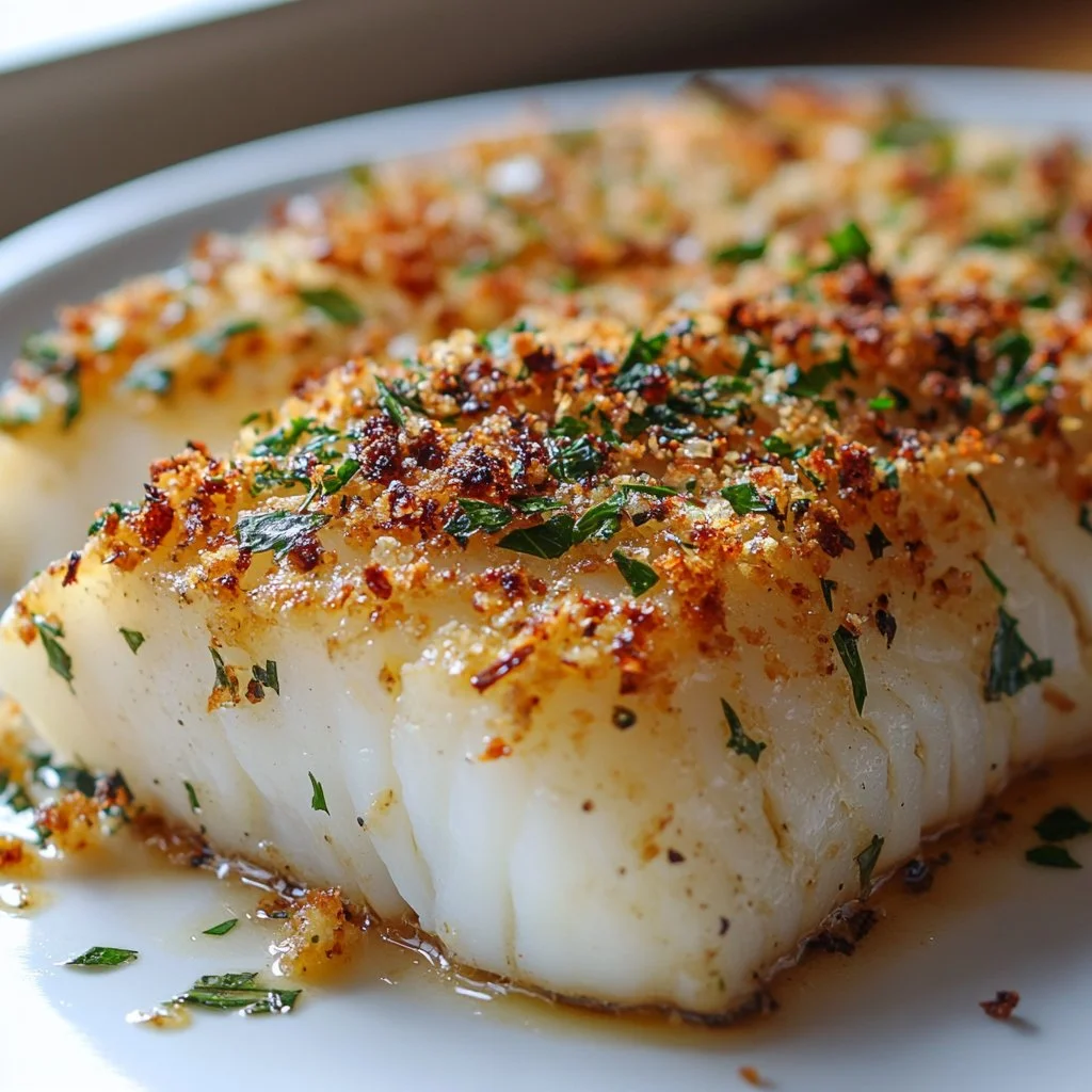 Oven-baked cod fillet topped with garlic herb crumbs.