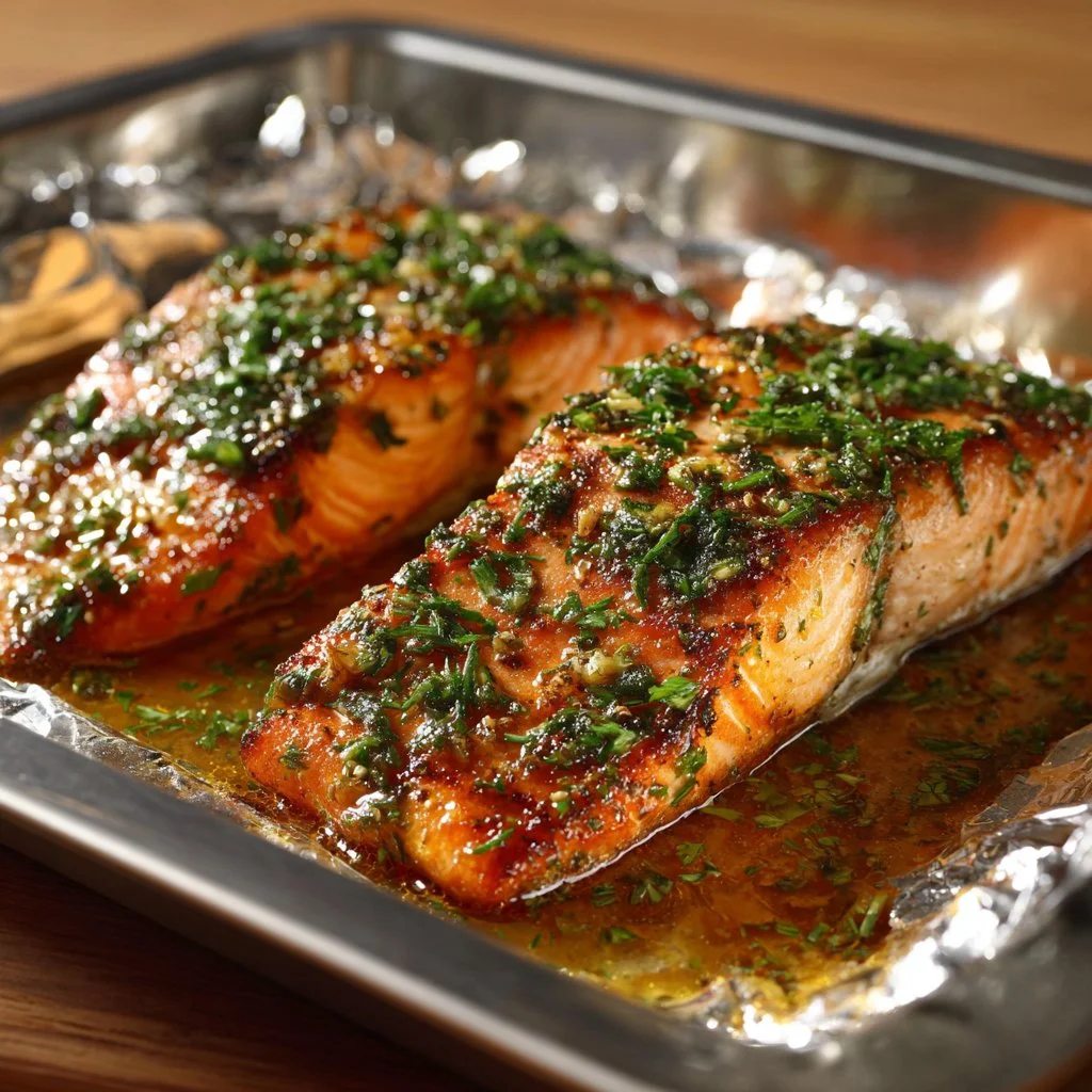 Deliciously prepared oven baked salmon with herbs and spices