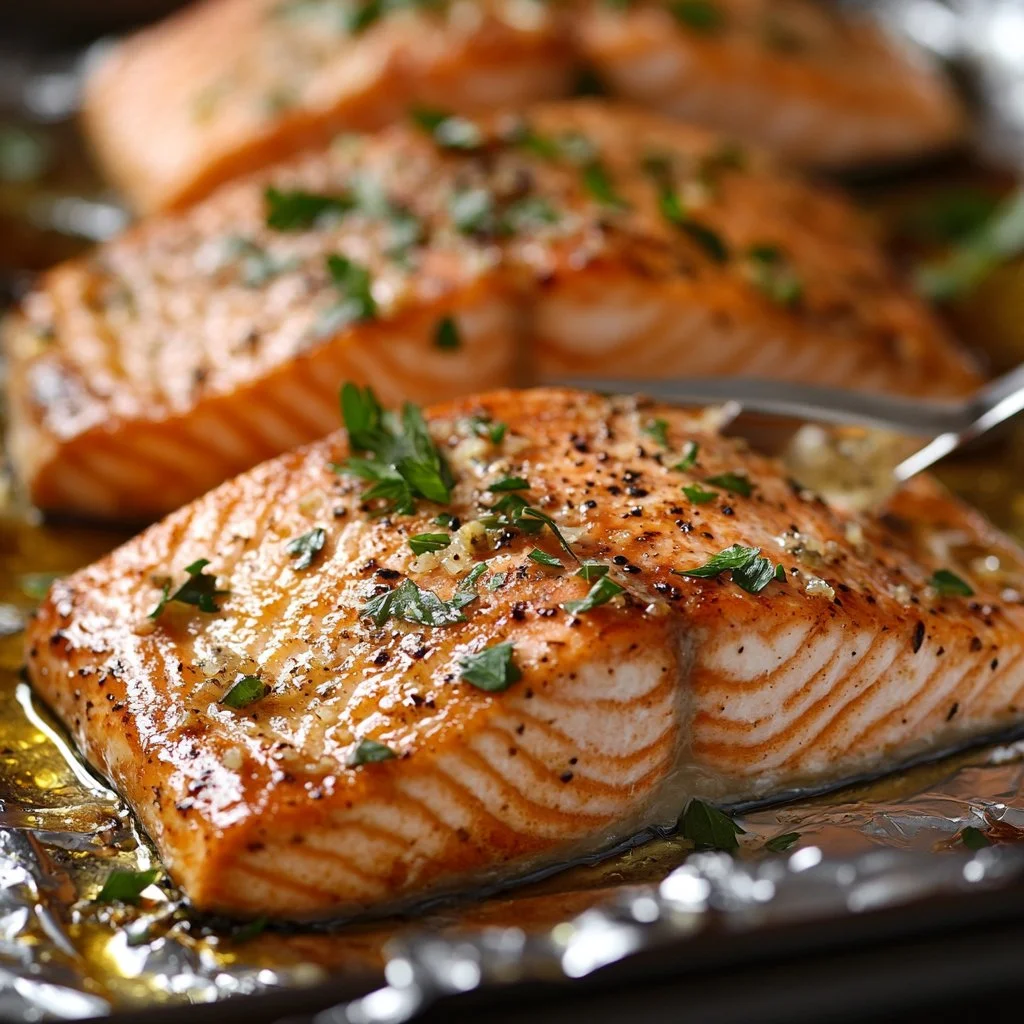 Deliciously seasoned oven baked salmon fillet on a plate