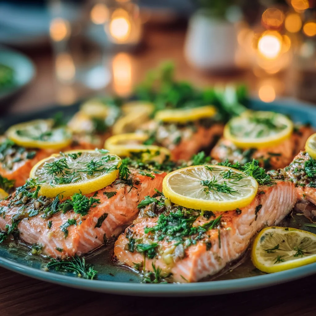 Delicious oven roasted salmon with herbs and lemon on a plate