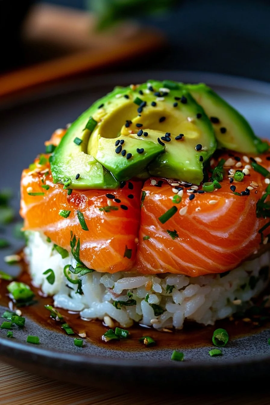 Teriyaki Salmon Avocado Rice Stack