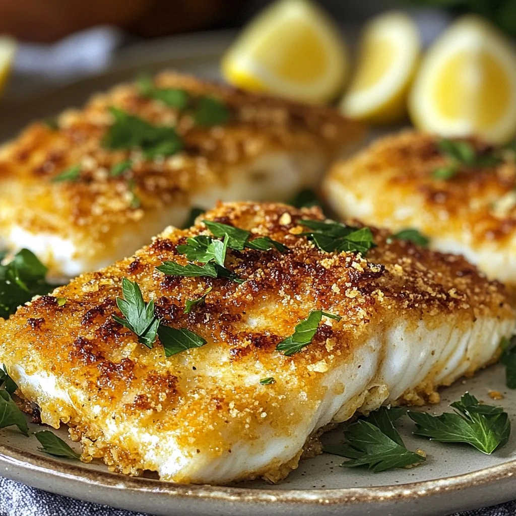 Delicious Parmesan Baked Fish served with lemon and herbs on a white plate