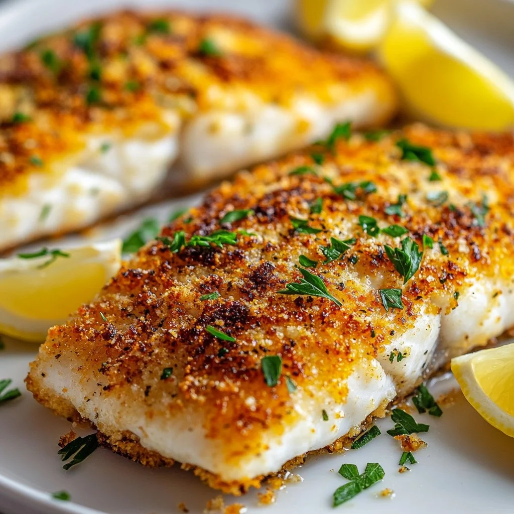 Parmesan Baked Fish garnished with herbs and lemon slices on a plate.