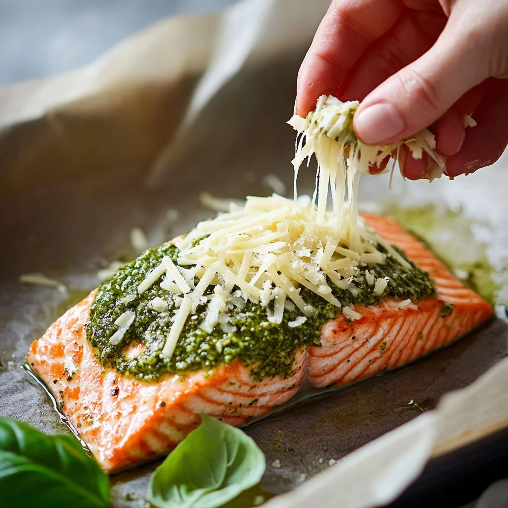 Delicious pesto salmon fillet garnished with fresh herbs