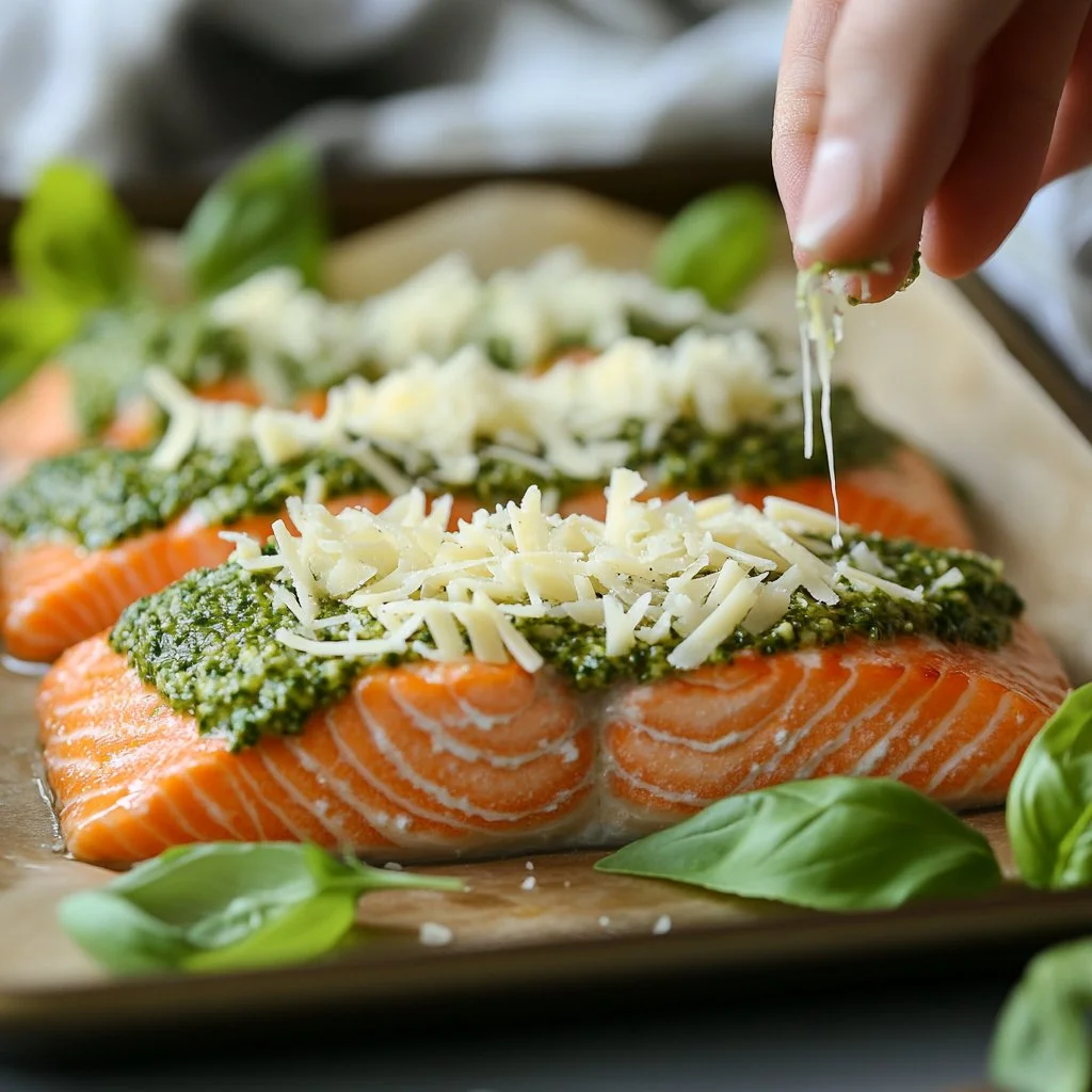 Delicious pesto salmon fillet garnished with fresh herbs and served on a plate.