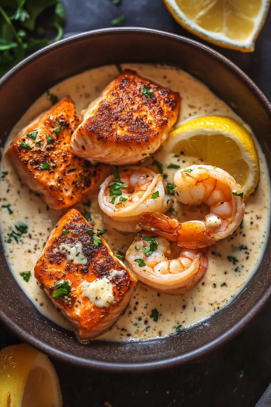 Cajun Shrimp and Salmon with Creamy Garlic Sauce