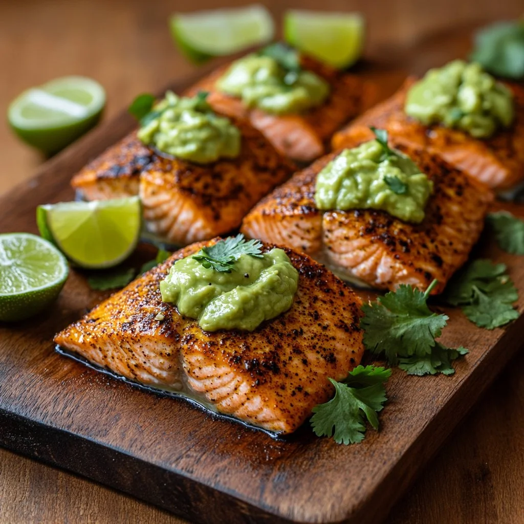 Cajun salmon fillet with avocado lime sauce garnished with lime slices