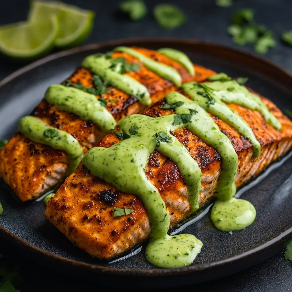 Quick baked cajun salmon with avocado lime sauce served on a plate