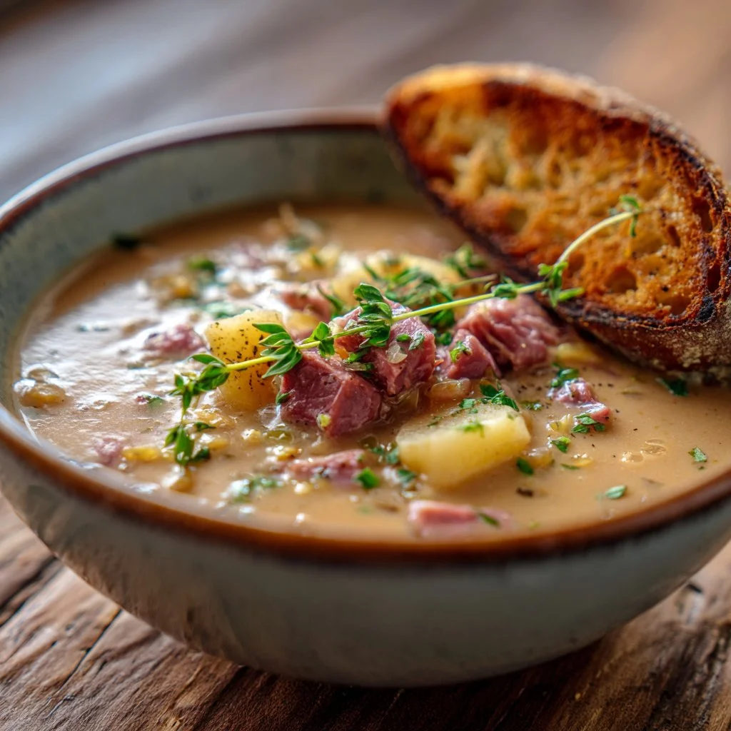 Bowl of creamy Reuben Soup garnished with parsley and served with rye bread.