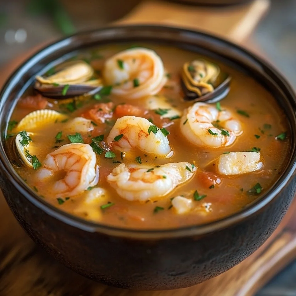 Bowl of rustic seafood soup with shrimp, fish, and vegetables