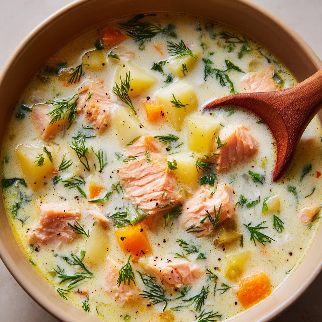 Delicious bowl of homemade Salmon Chowder Soup garnished with fresh herbs