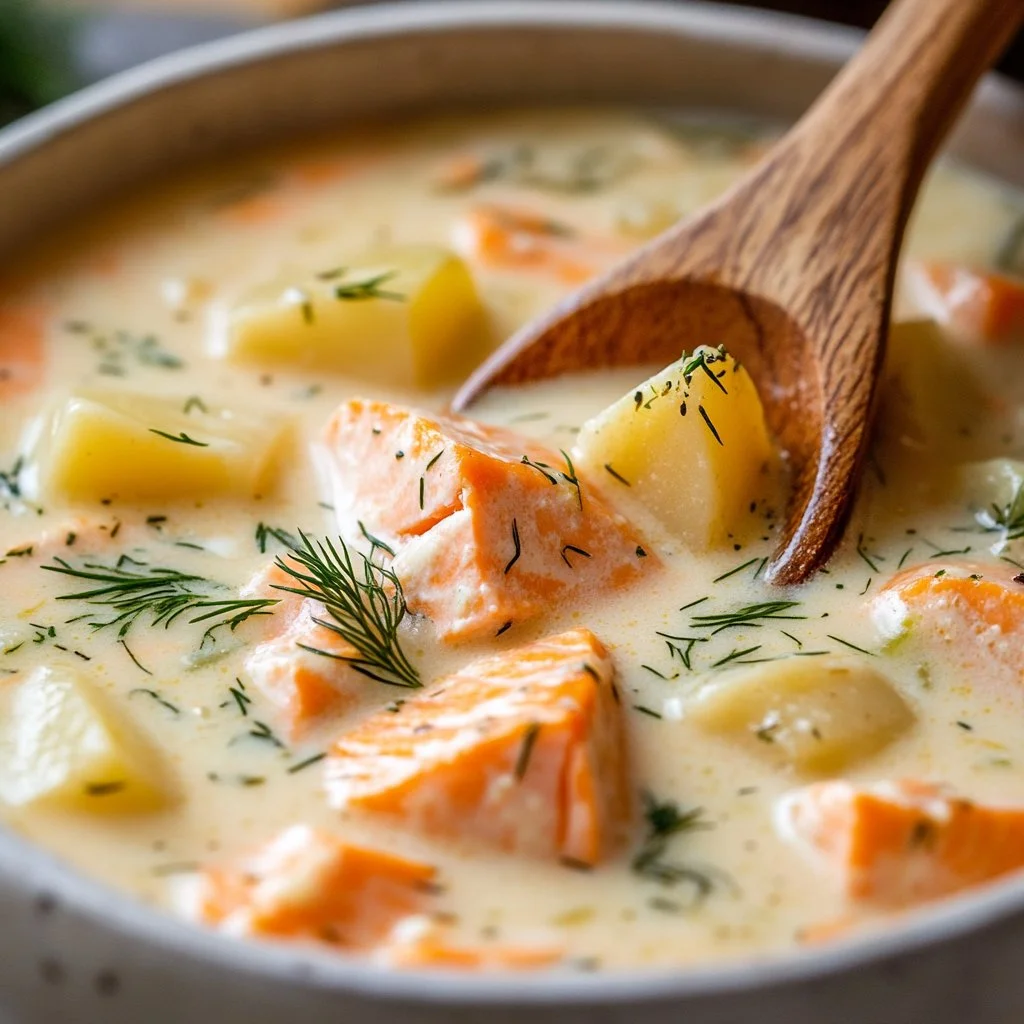 Creamy salmon chowder soup with vegetables and herbs in a bowl