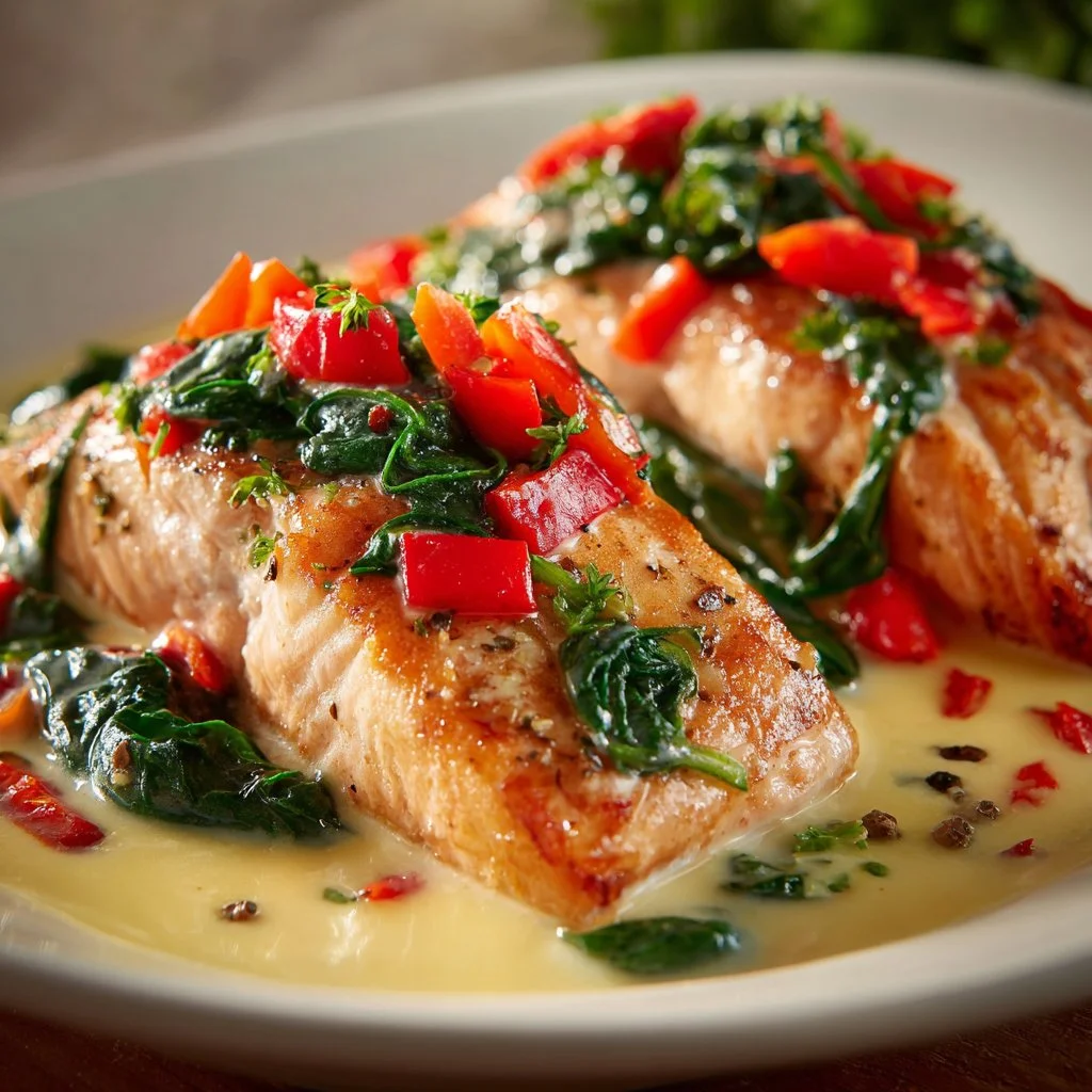 Salmon fillet served in roasted red pepper sauce on a plate