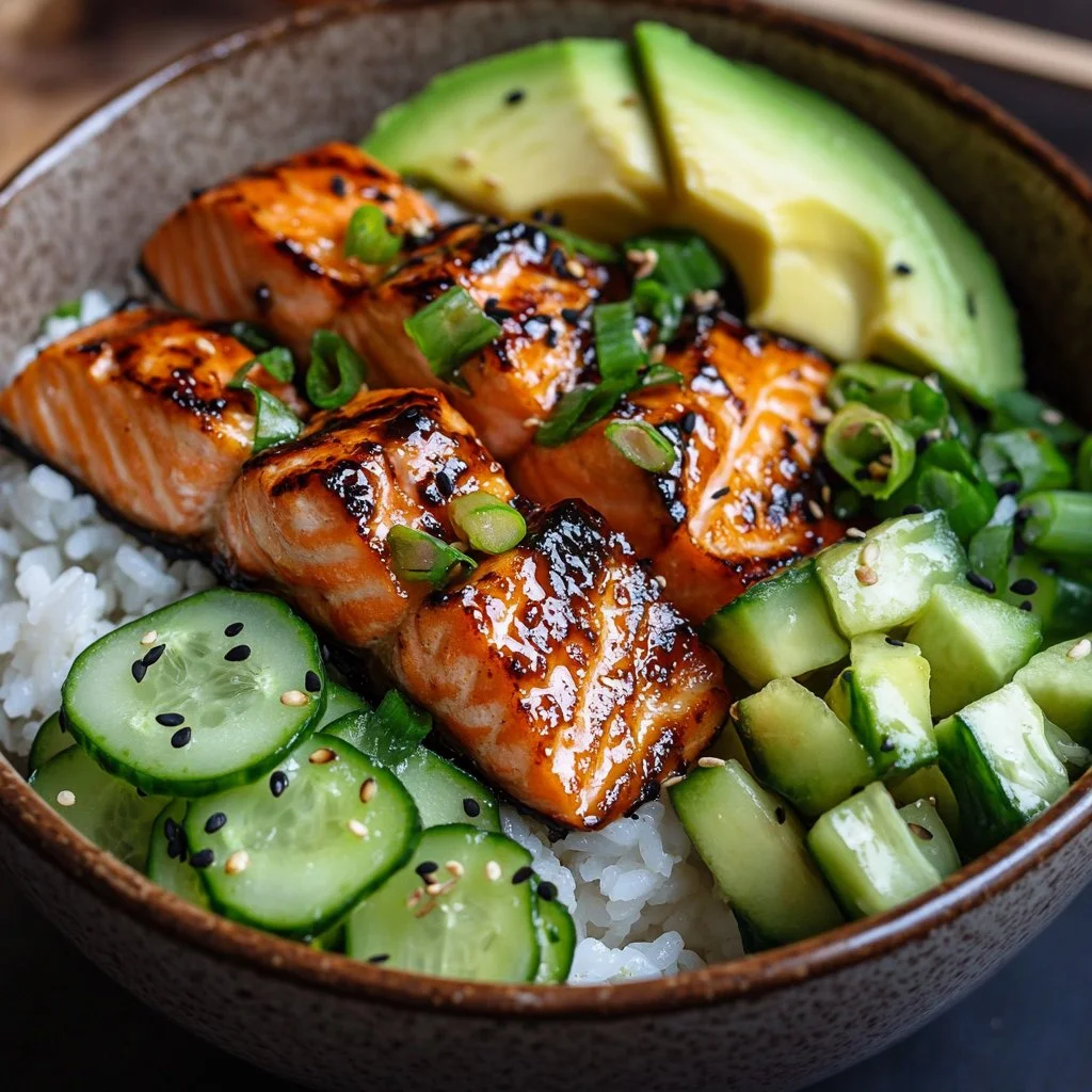 Delicious salmon rice bowl topped with fresh vegetables and sesame seeds