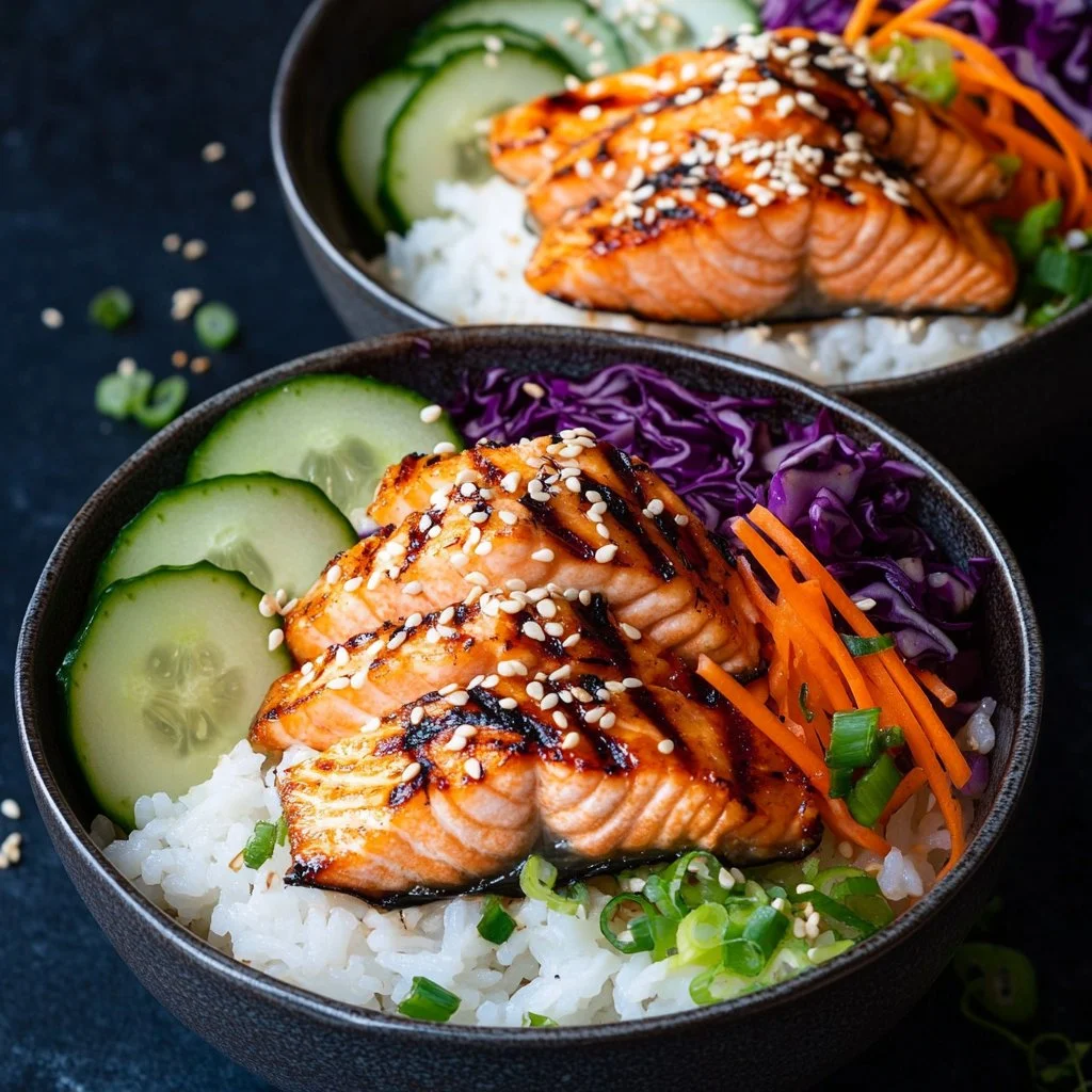 Delicious salmon rice bowl with fresh vegetables and sauce.