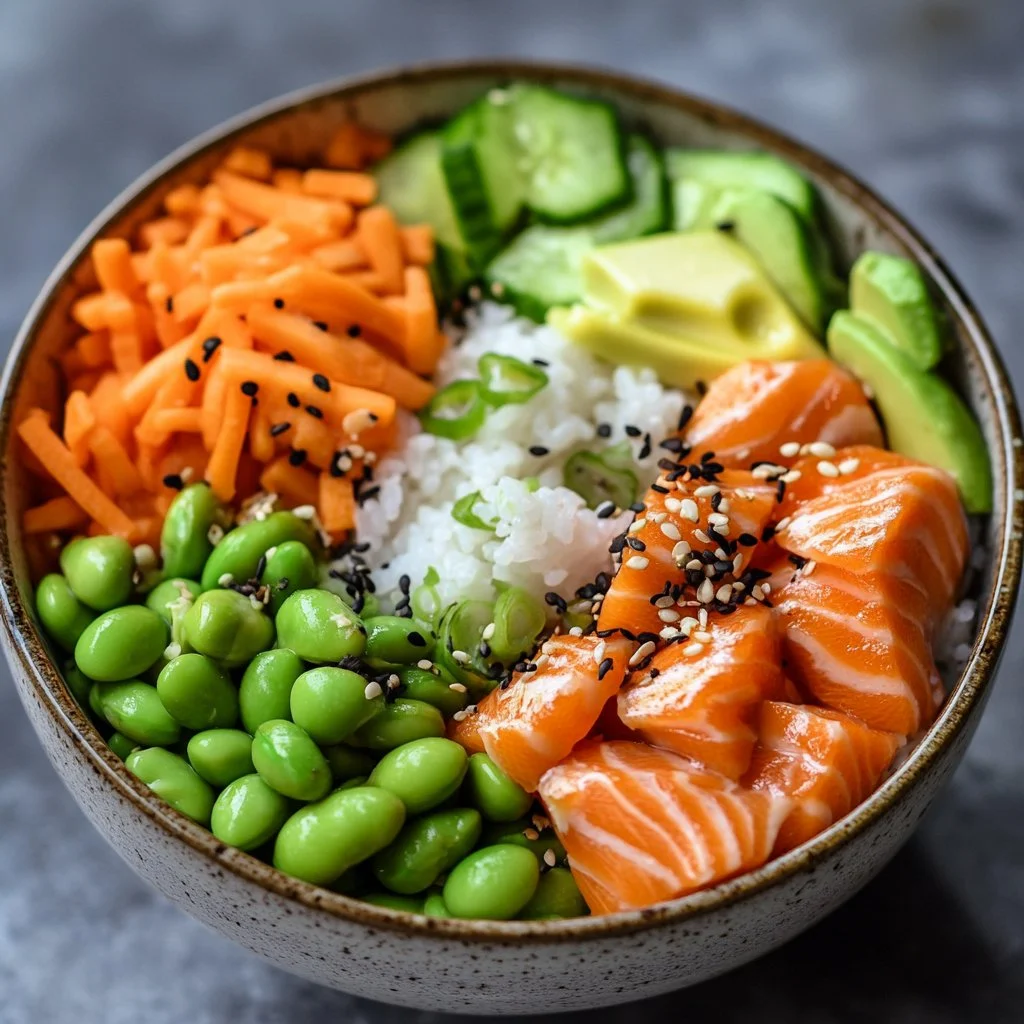 A colorful salmon rice bowl topped with fresh vegetables and sauce