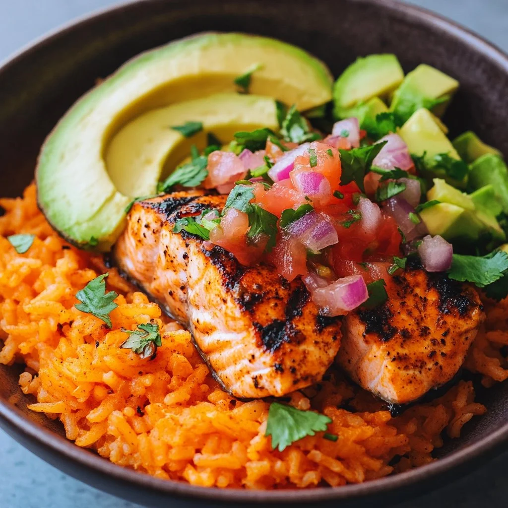 Delicious salmon taco bowls with fresh toppings and vibrant colors.