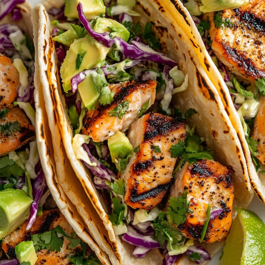 Plate of delicious Salmon Tacos with fresh toppings
