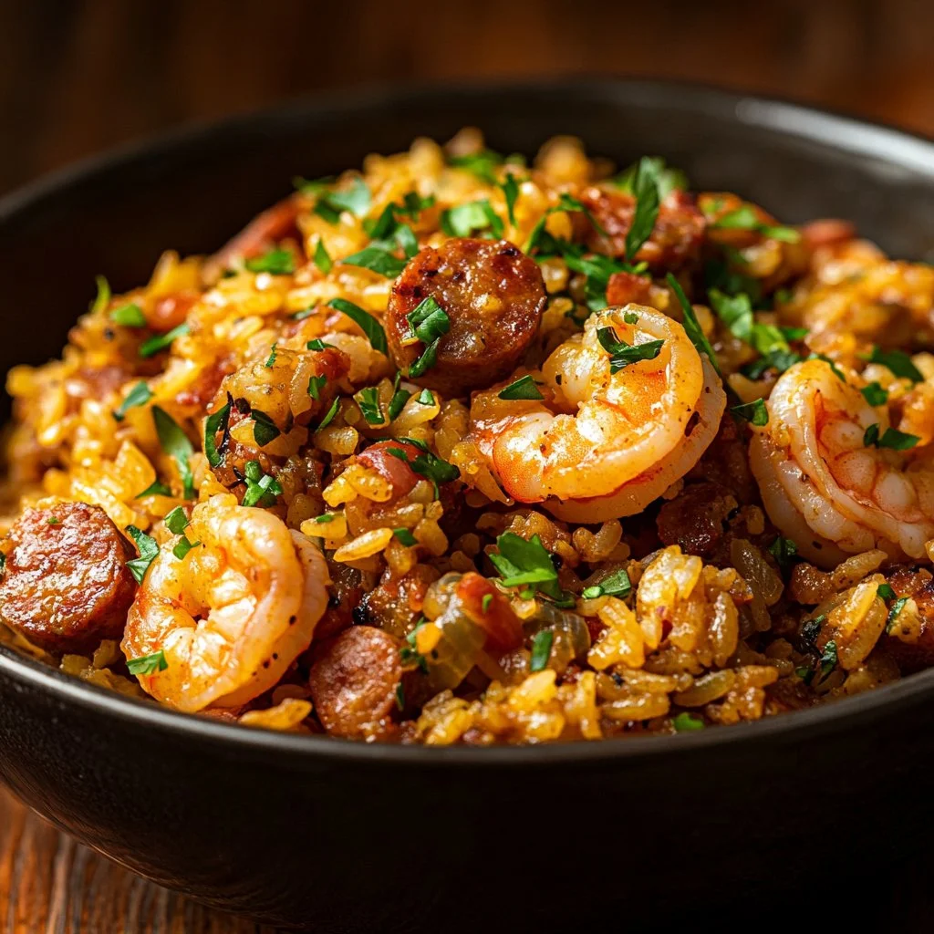 Savory shrimp dirty rice dish garnished with herbs and spices
