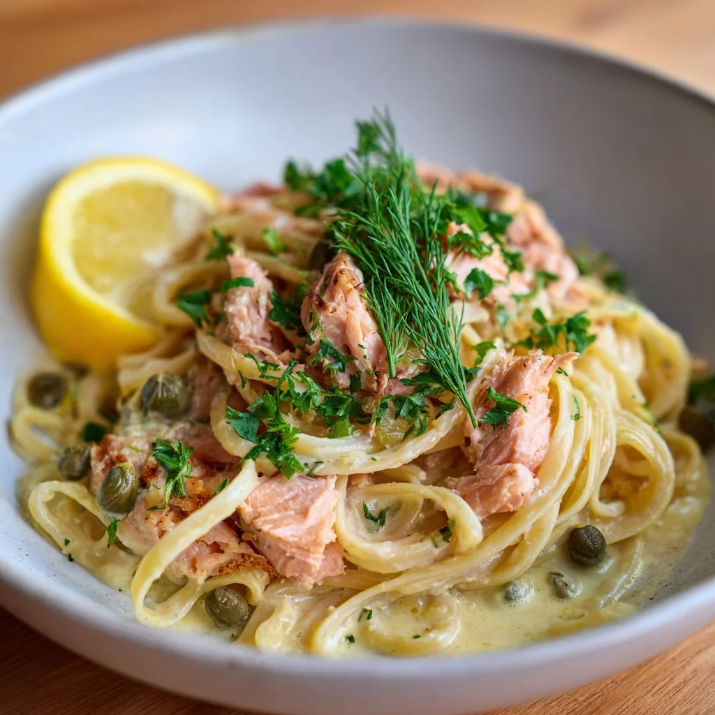 Delicious smoked salmon linguine served in a bowl with herbs and cream sauce