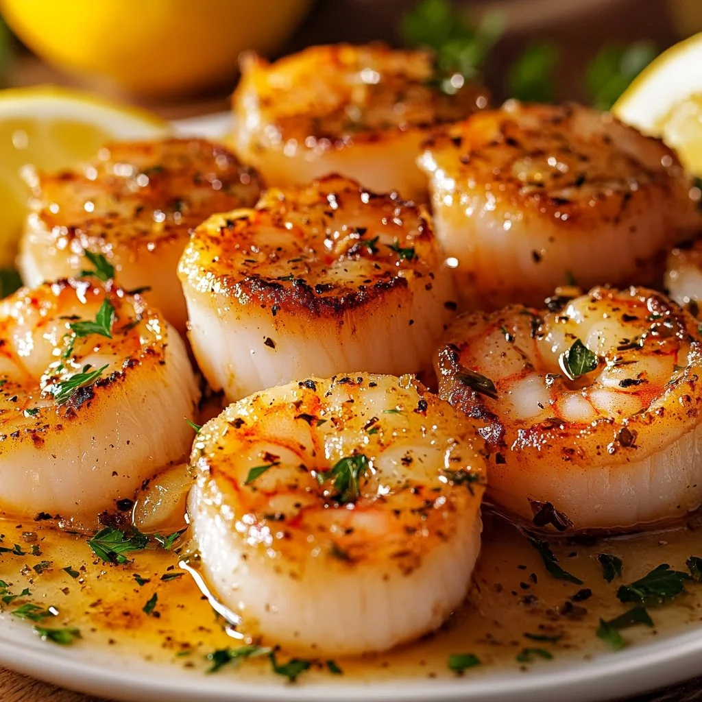 Scallops and shrimp in garlic butter sauce served in a skillet