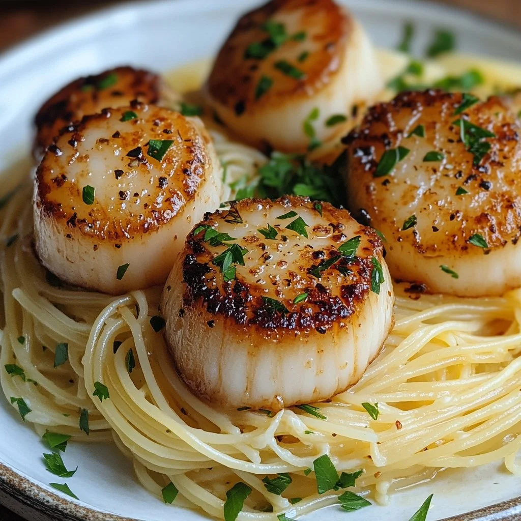 Delicious sea scallops served with angel hair pasta in a gourmet dish.