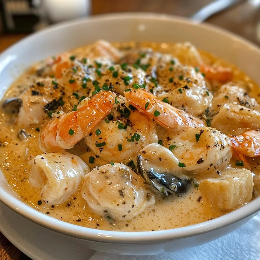 Delicious Seafood Newburg served in a creamy sauce with shrimp and scallops.