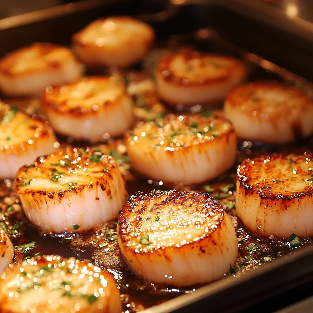 Perfectly seared scallops served with fresh herbs and lemon.