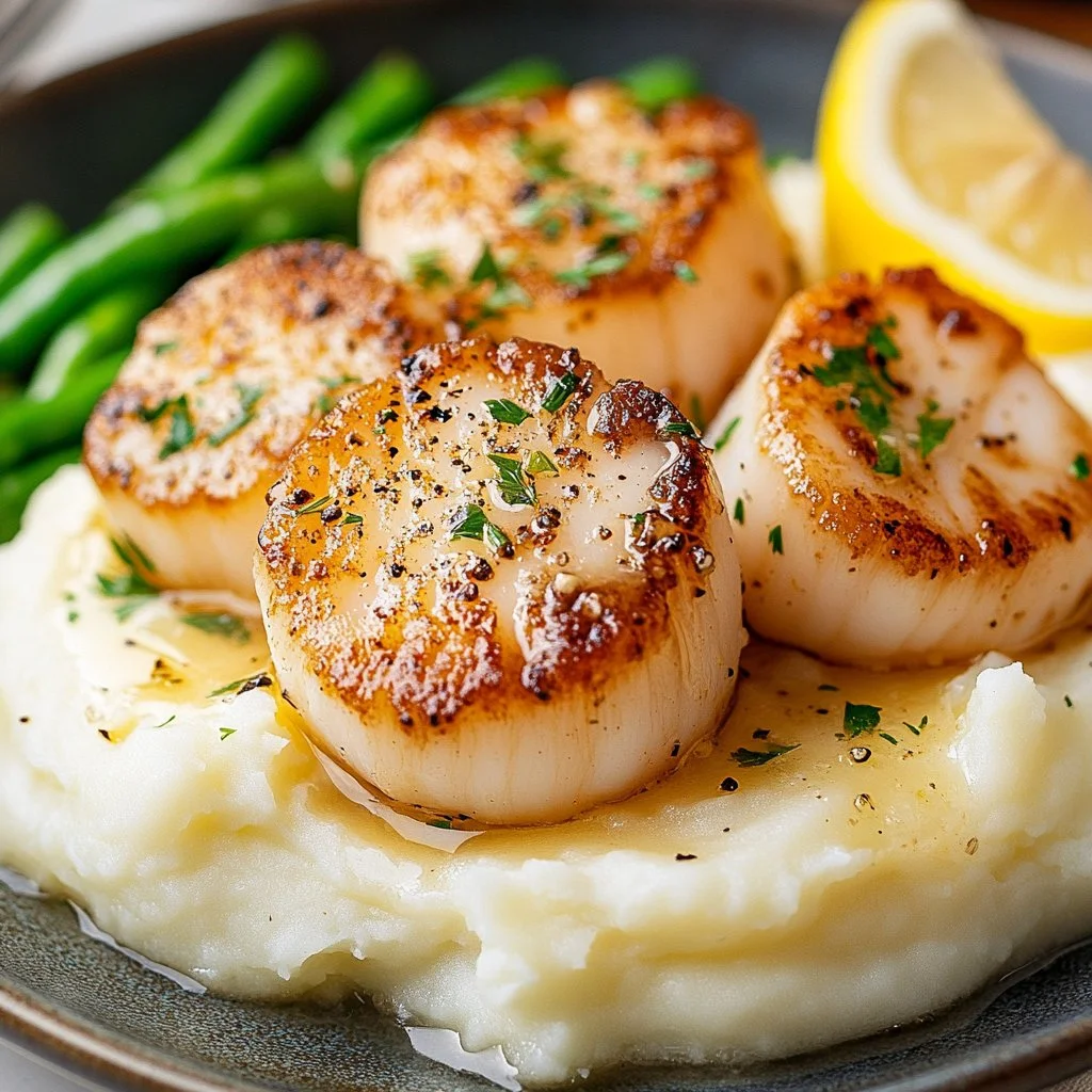 Seared scallops garnished with garlic butter sauce on a white plate