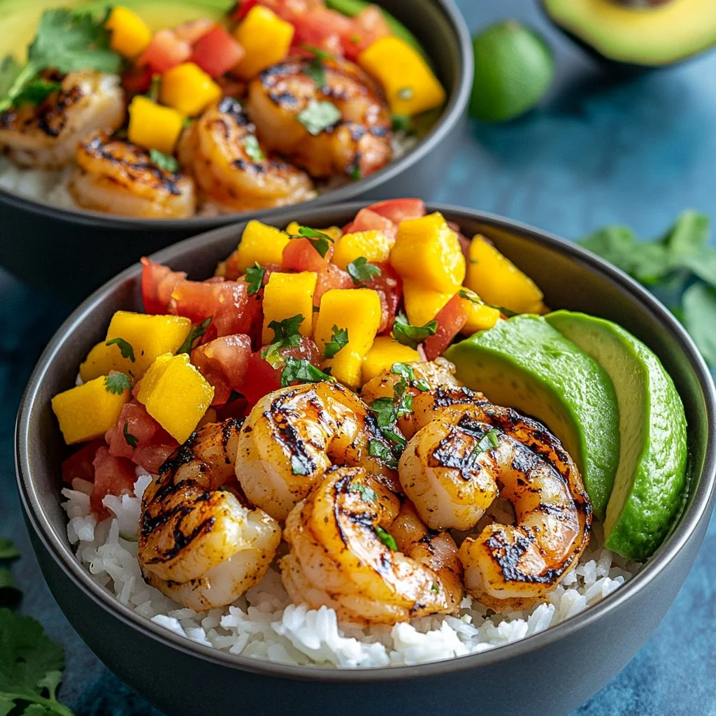 Shrimp avocado bowls with mango salsa and lime-chili sauce