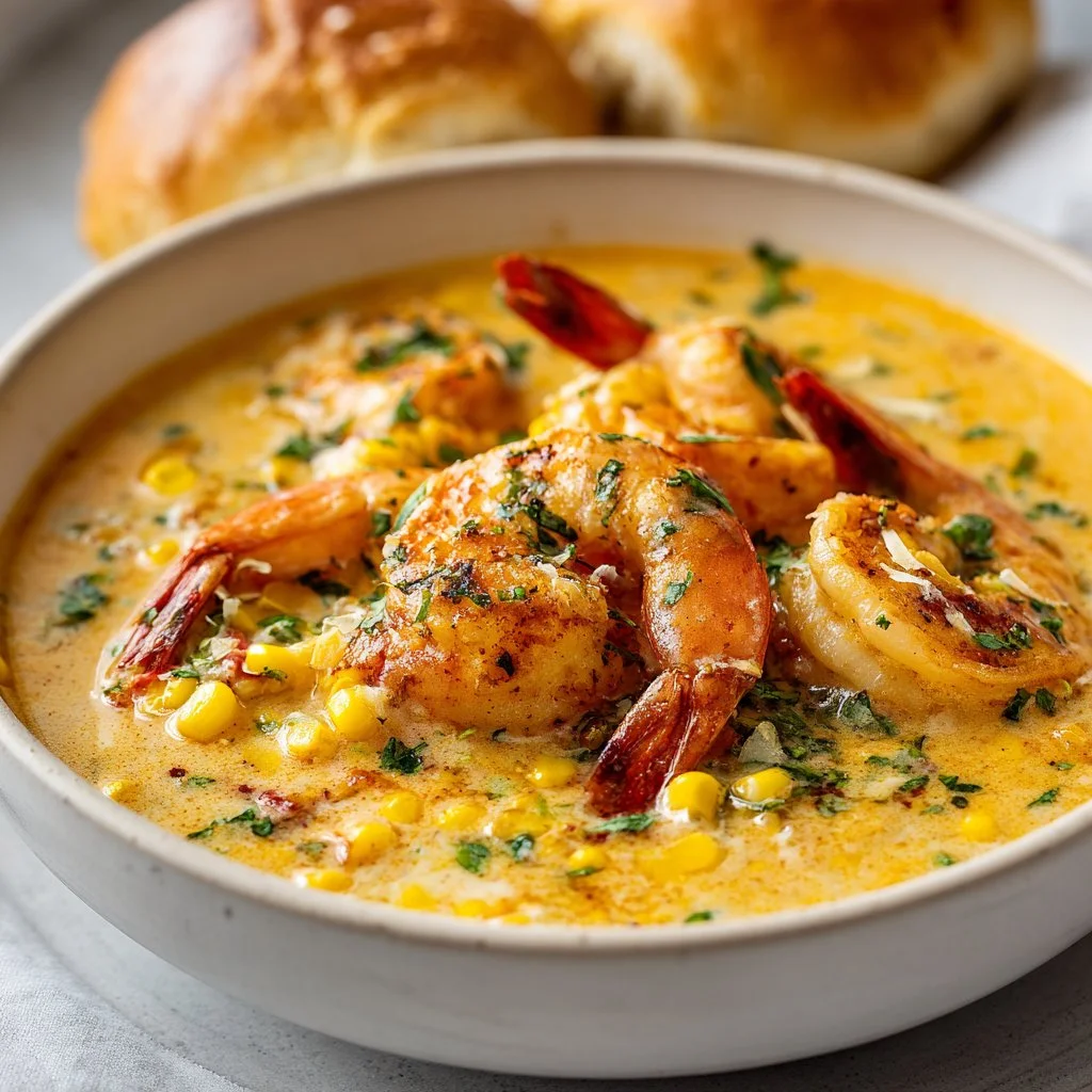 Bowl of creamy shrimp chowder with corn and herbs, garnished with parsley