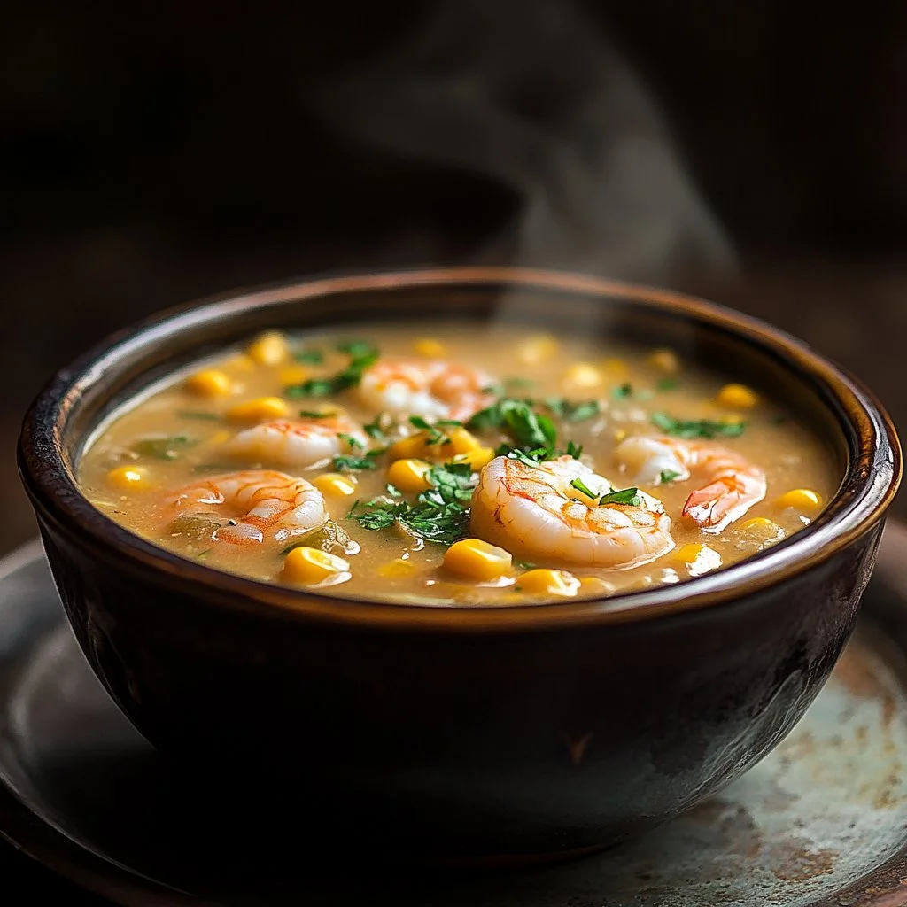 Bowl of creamy shrimp chowder with corn and herbs, garnished with parsley.