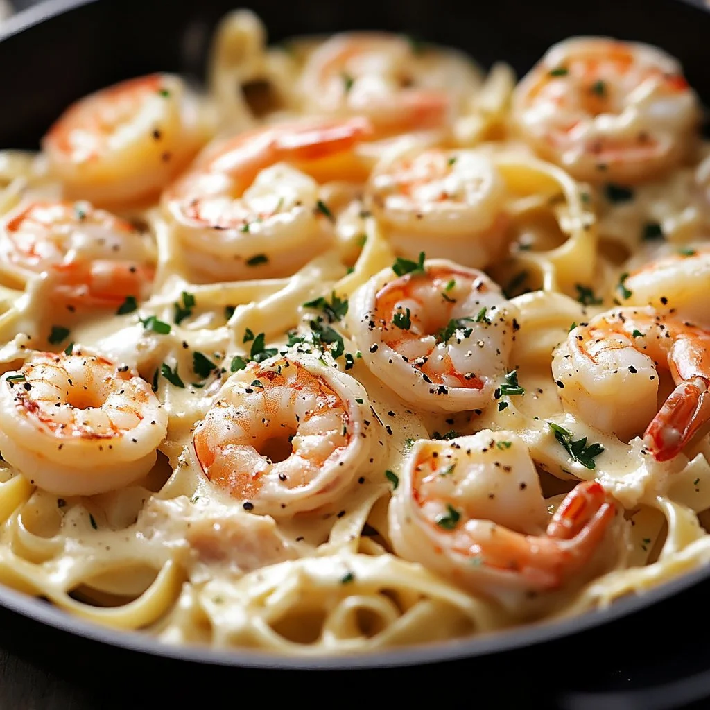 Dish of Shrimp Crab Alfredo served with parmesan and parsley garnish