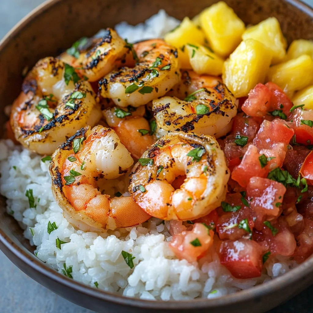 Shrimp rice bowl topped with vibrant pineapple salsa and fresh herbs
