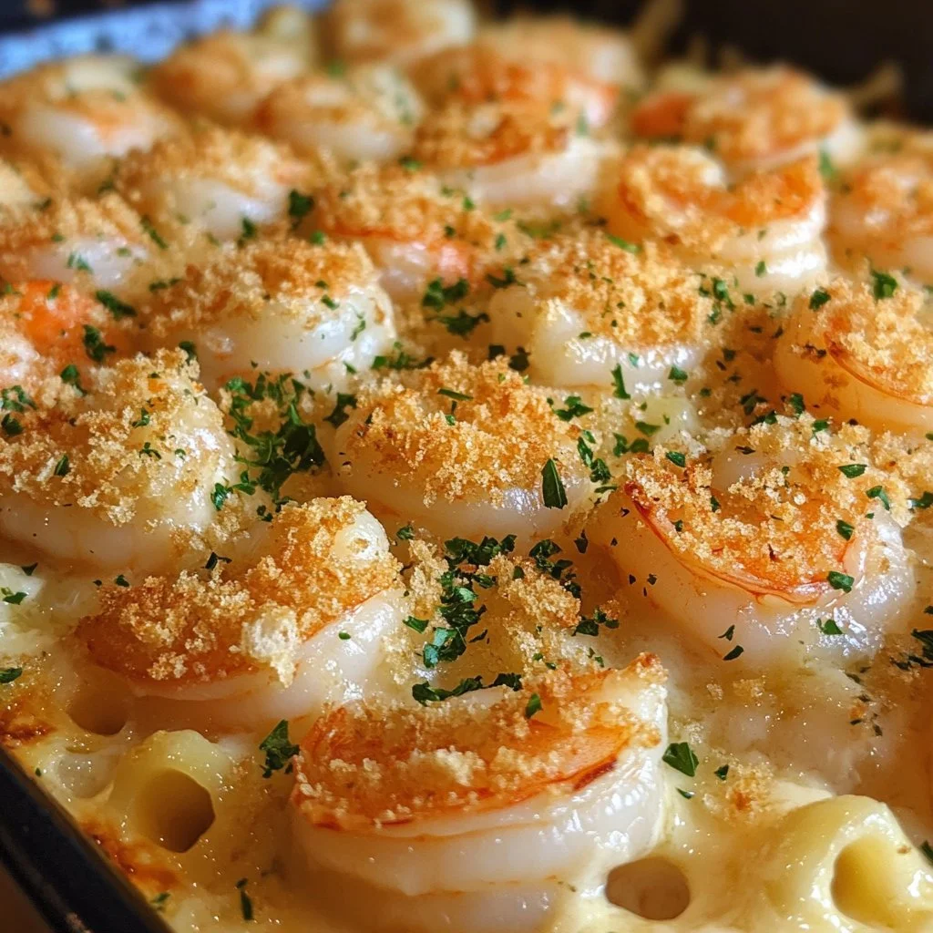 Creamy shrimp casserole served in a baking dish, garnished with herbs.