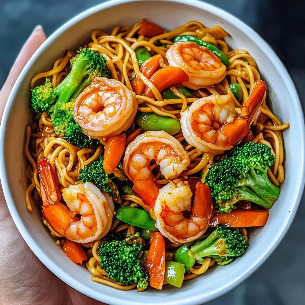 Delicious shrimp chow mein with colorful vegetables and noodles in a bowl.