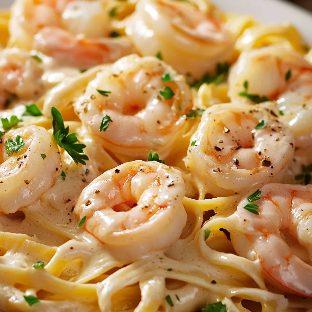 Delicious Shrimp Fettuccine Alfredo topped with fresh herbs and parmesan cheese