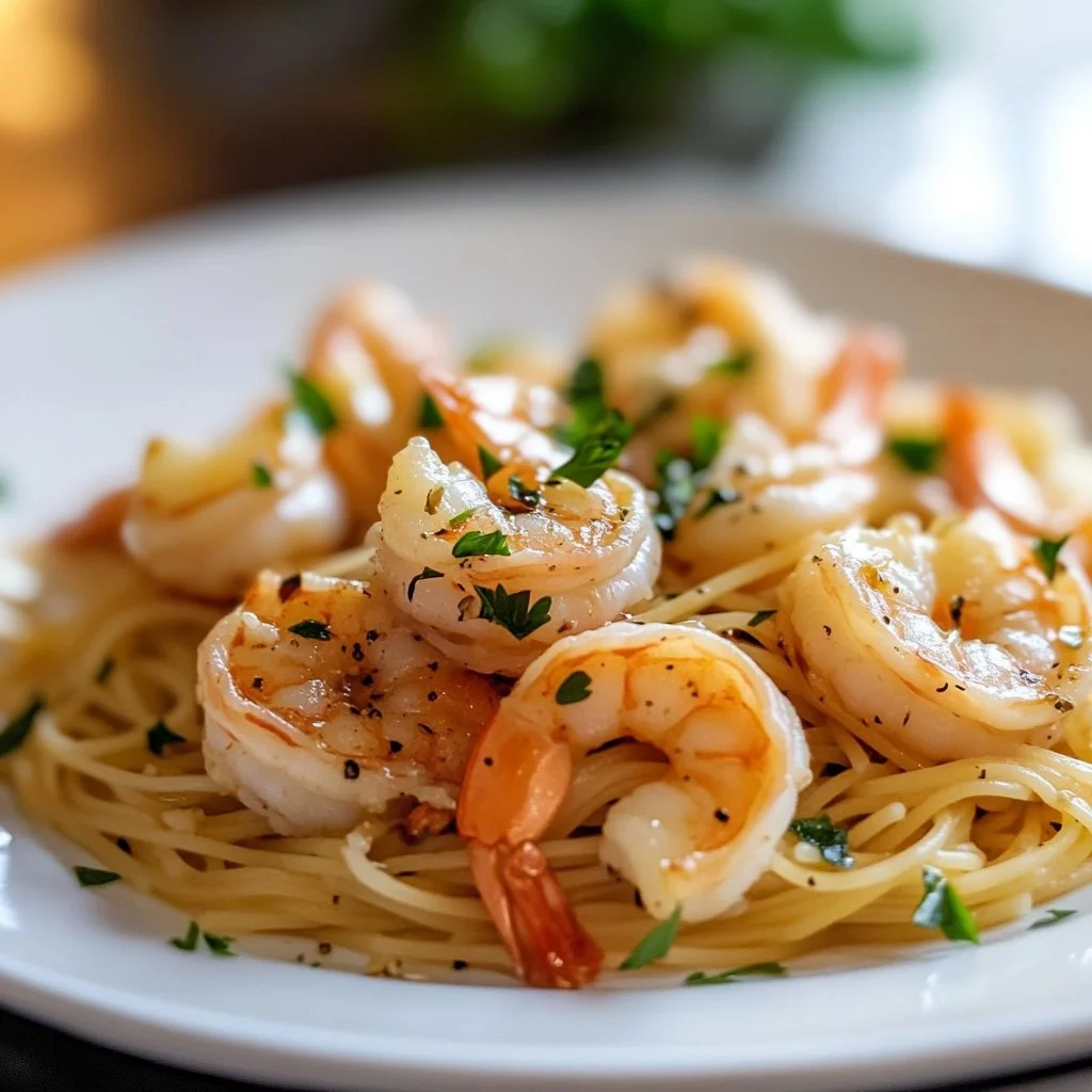 Plate of shrimp linguine garnished with herbs and Parmesan cheese.
