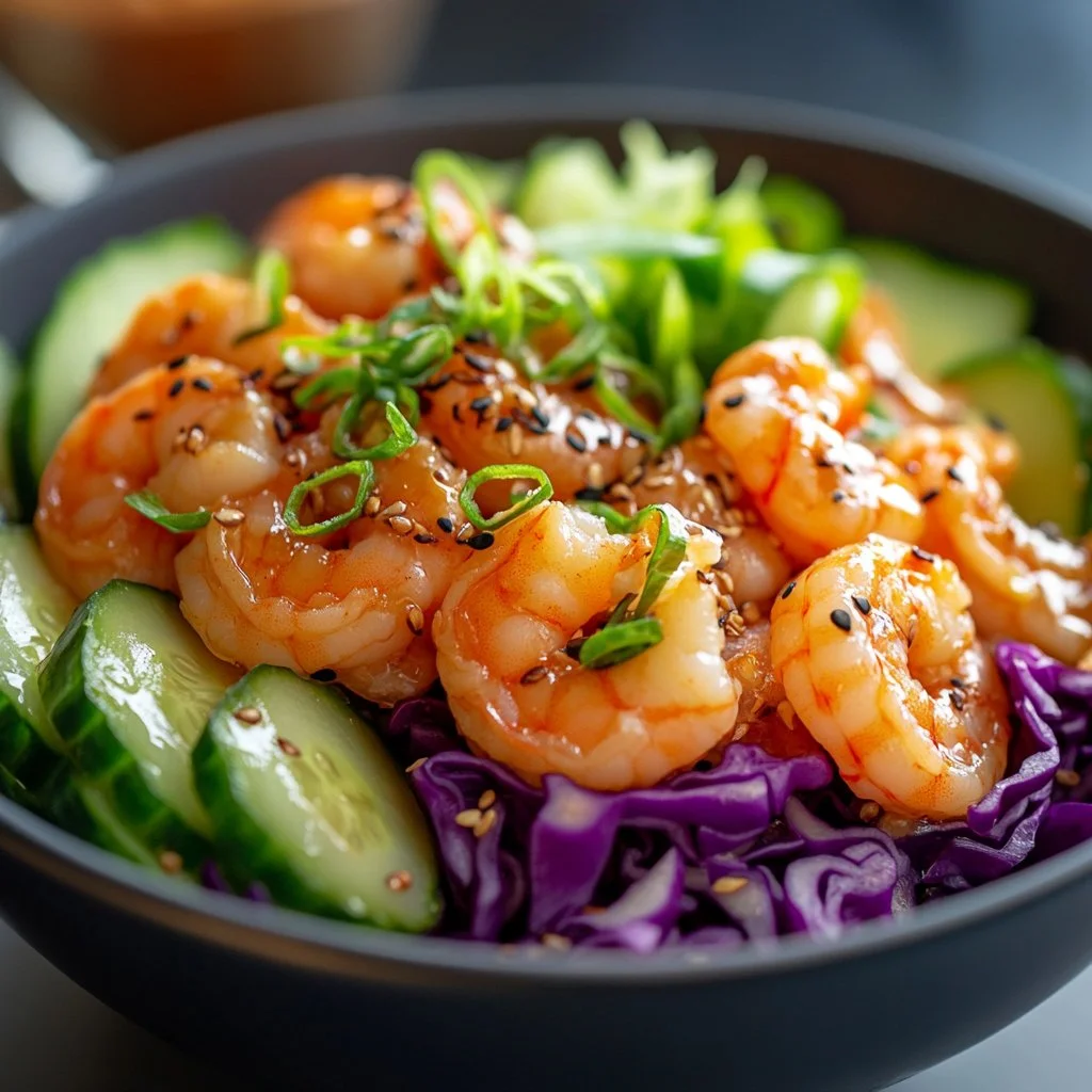 Colorful shrimp poke bowl with fresh vegetables and rice