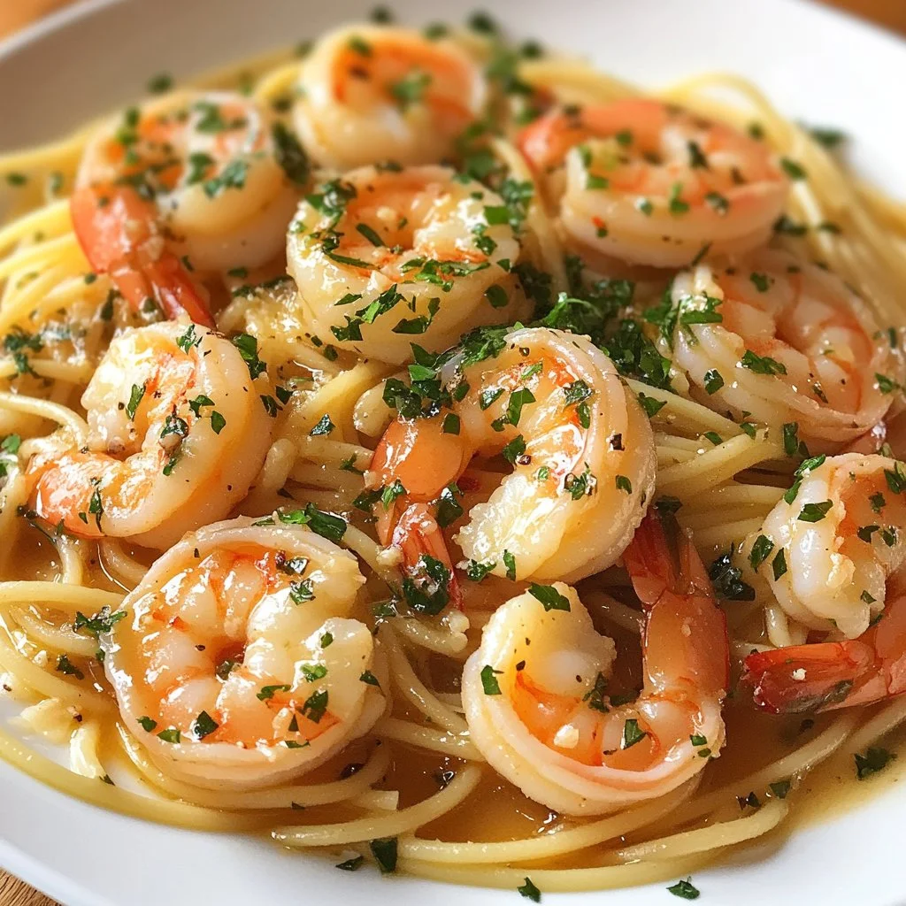 Delicious shrimp scampi served with garlic, butter, and pasta