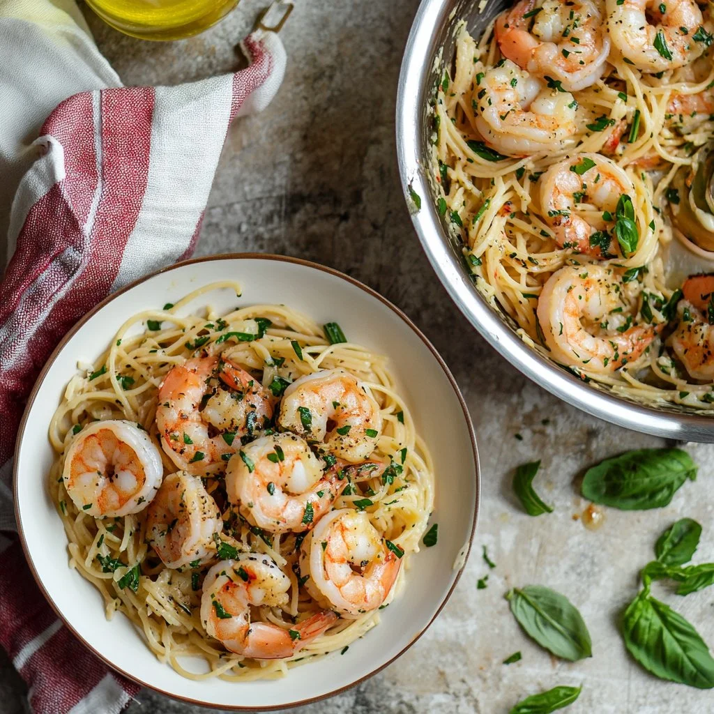 A delicious plate of shrimp scampi garnished with parsley and served with pasta.