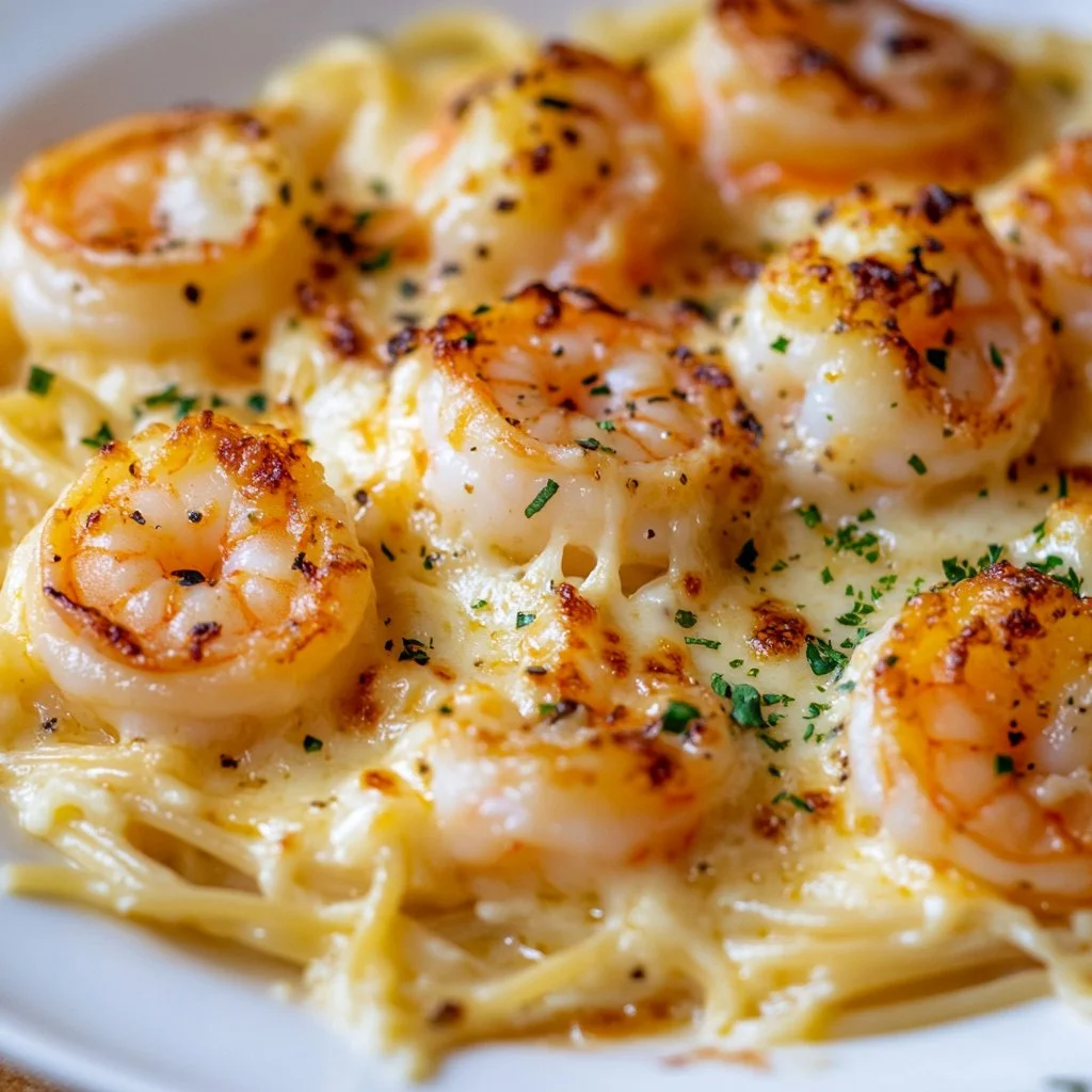 Baked Shrimp Scampi served in a dish with garlic, butter, and herbs.